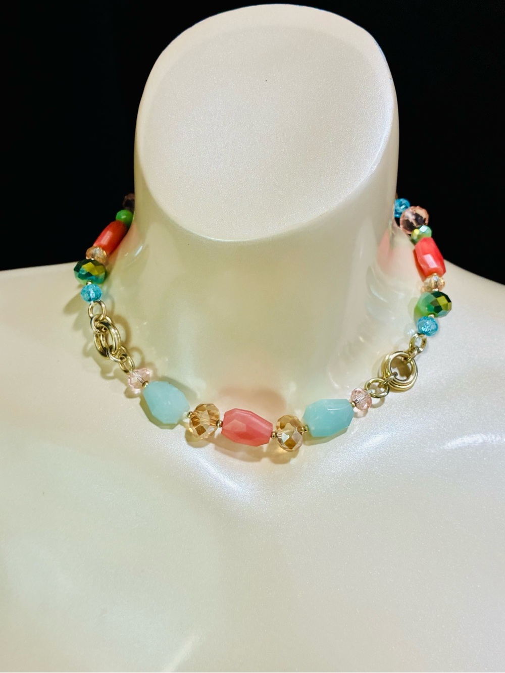 Jolly Rancher Colorful Faceted Murano Beaded Necklace Gold Coral & Aqua Accents